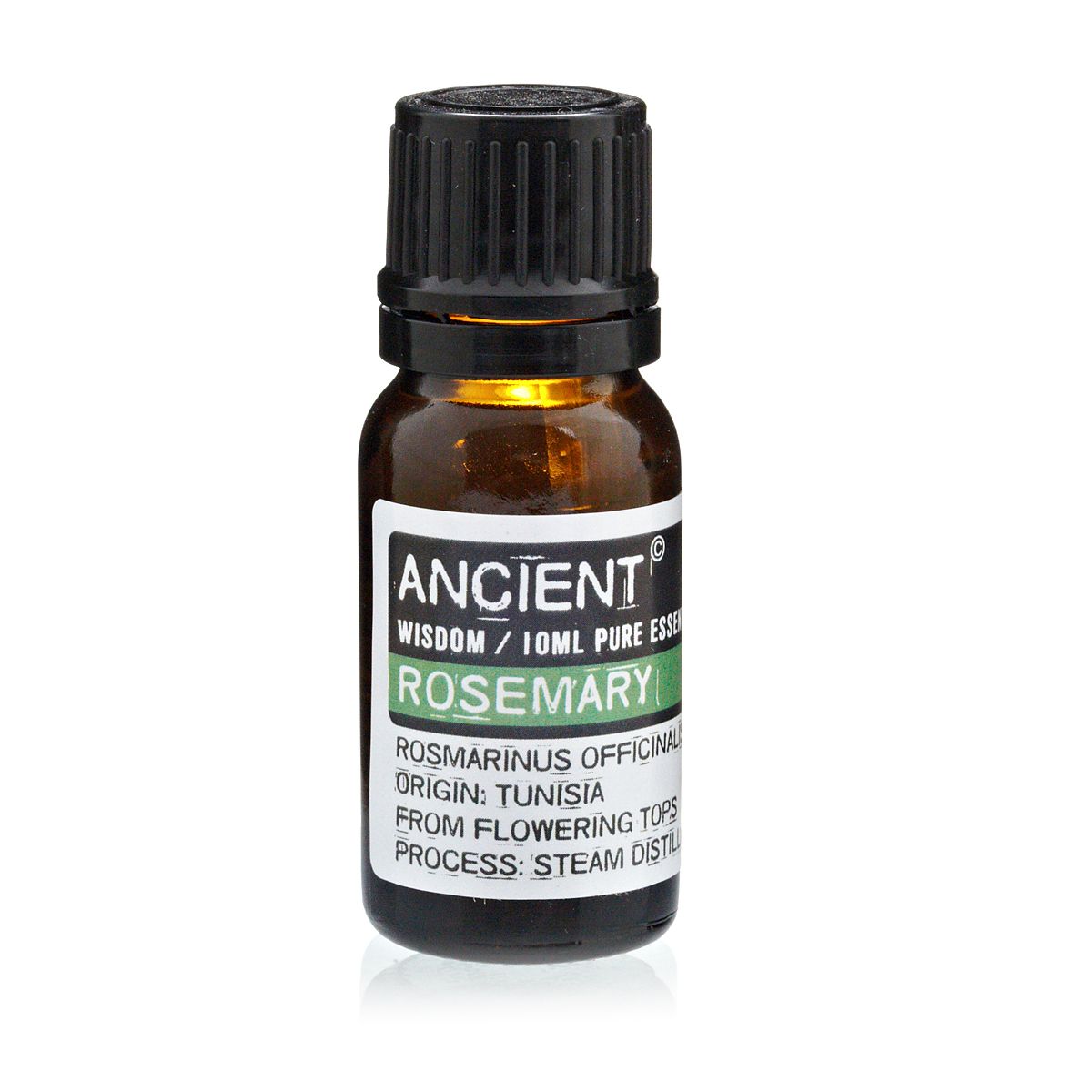 Alt-tagg: Eterisk rosmarinolja – 10 ml i bärnstensfärgad glasflaska med svart kork, Ancient Wisdom-etikett, Rosmarinus officinalis, 10 ml ren eterisk olja