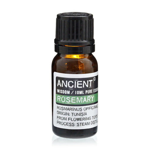 Alt Tag: Rosemary Essential Oil – 10ML in amber glass bottle with black cap, Ancient Wisdom label, Rosmarinus officinalis, 10ml pure essential oil