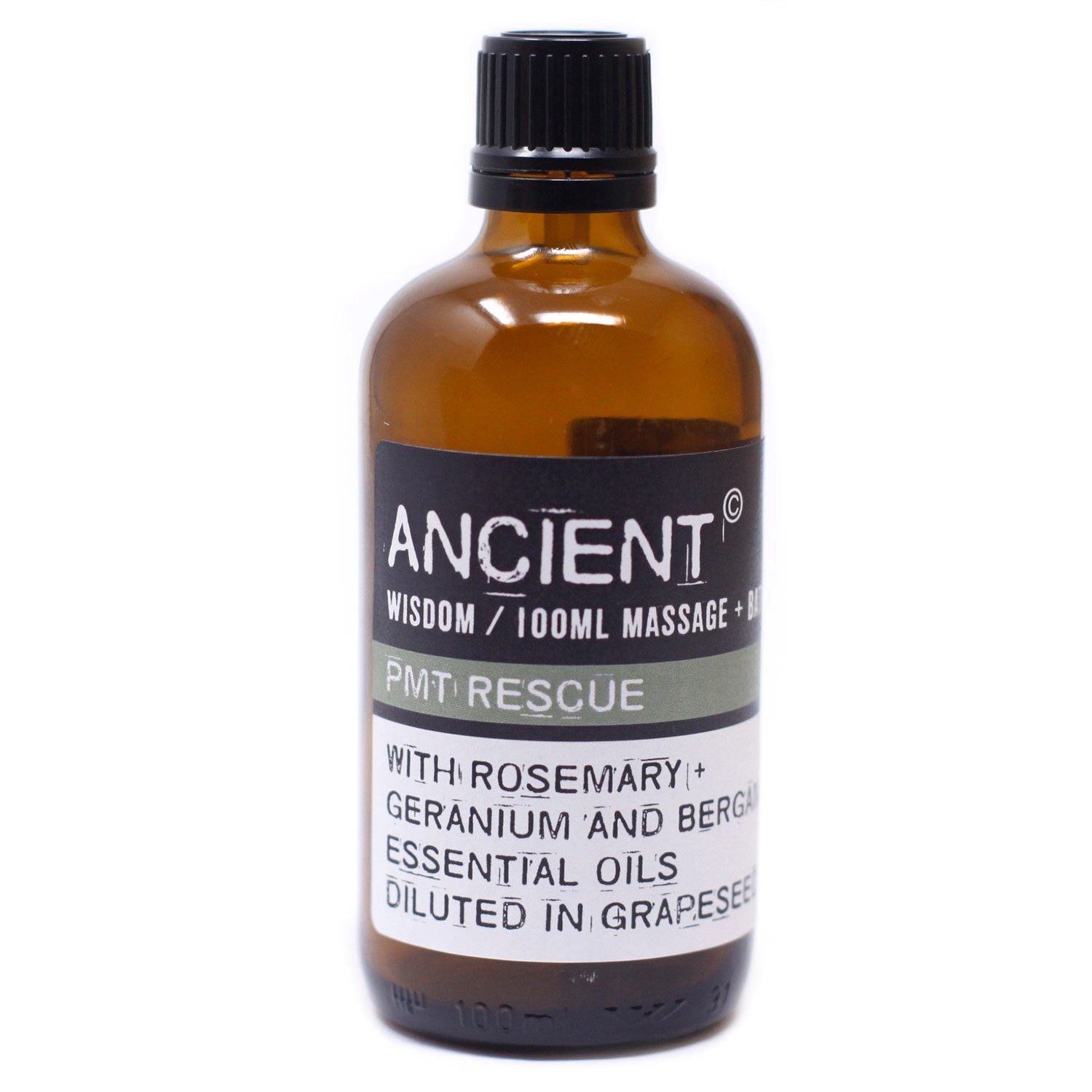 Alt Tag: Rosemary & Geranium Massage Oil – 100 ML amber 100ml massage oil bottle with black cap and label, rosemary and geranium essential oils