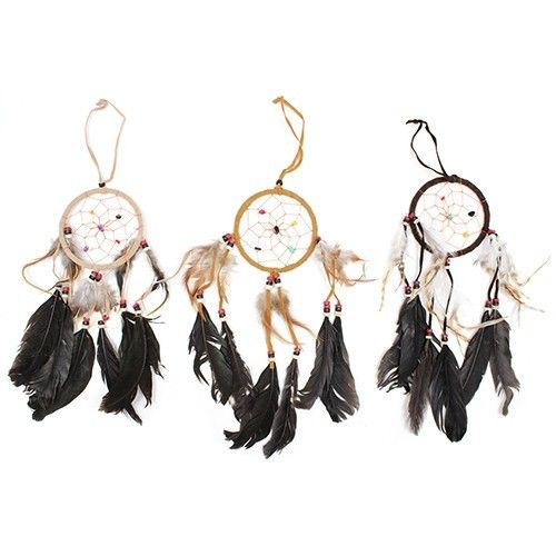 Alt Tagg: Rund krämfärgad Bali Dream Catcher – 10 CM, rund krämfärgad drömfångare med hängande fjädrar och pärlor, 10 cm