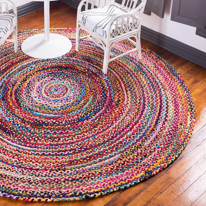 Alt Tag: Round Jute and Recycled Cotton Rug – 120 CM, alfombra redonda tejida a mano de yute natural y algodón reciclado multicolor en sala