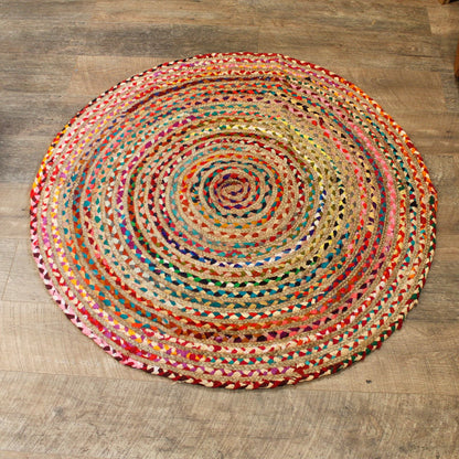 Alt Tag: Round Jute and Recycled Cotton Rug – 120 CM, alfombra redonda tejida a mano de yute natural y algodón reciclado multicolor
