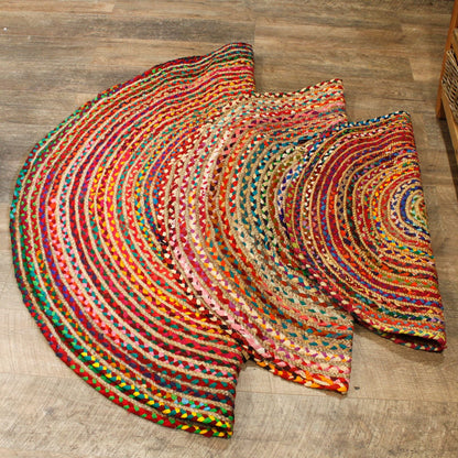 Alt Tag: Round Jute and Recycled Cotton Rug – 120 CM, handwoven multicolor round rug with natural jute and recycled cotton on wood floor