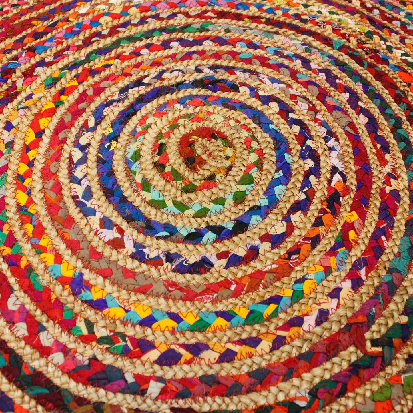 Round Jute and Recycled Cotton Rug – 150 CM round handwoven jute and recycled cotton rug with colorful braided spiral texture