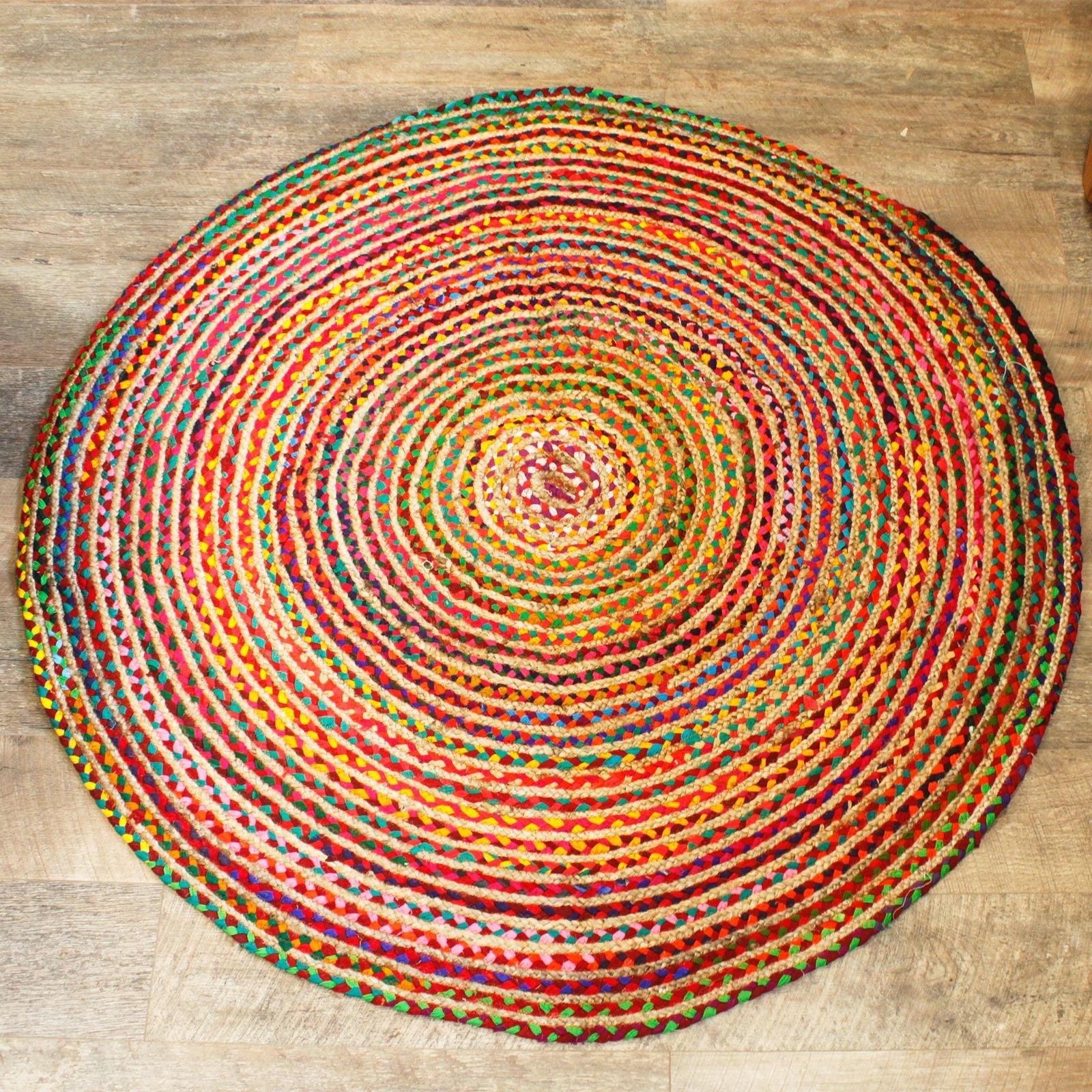 Alt Tag: Round Jute and Recycled Cotton Rug – 150 CM, alfombra redonda tejida a mano con yute natural y algodón reciclado multicolor