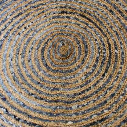Rund matta i jute och återvunnen denim – 150 CM handvävd rund matta i naturlig jute och återvunnen blå denim, flätad spiraltextur