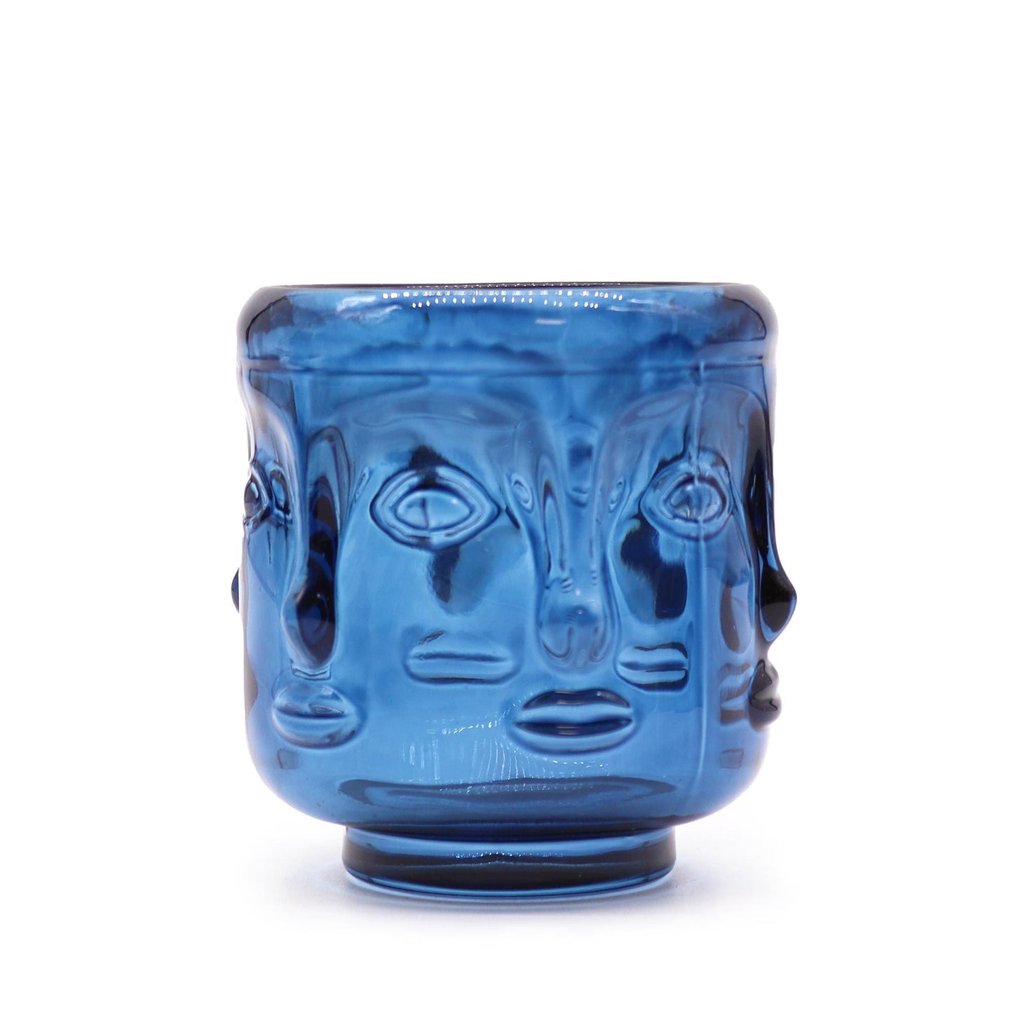 Royal Blue Buddha Faces Candle Jars – Set of 2, pressed glass candle jar in royal blue with Buddha face design