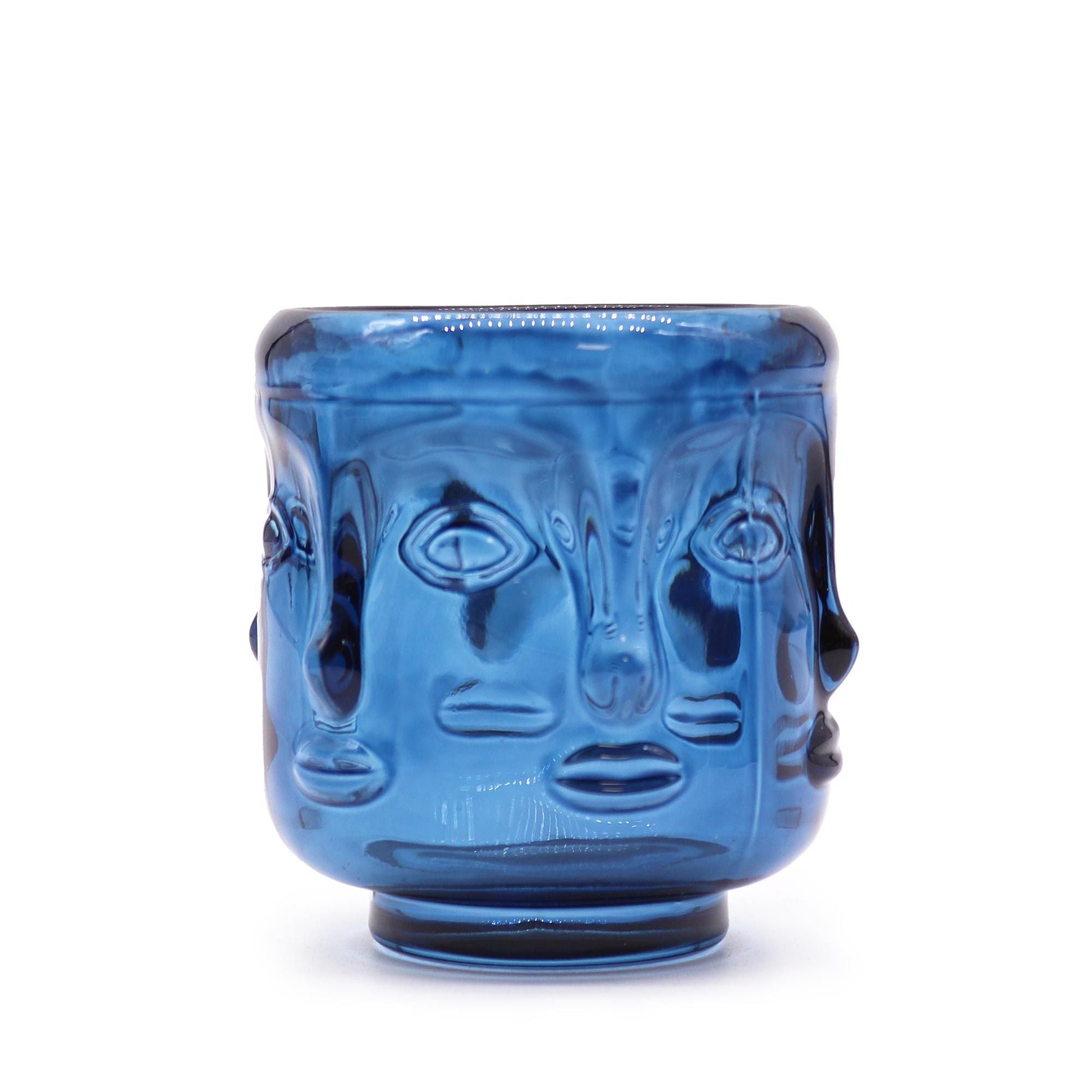 Royal Blue Buddha Faces Candle Jars – Set of 2, pressed glass candle jar in royal blue with Buddha face design