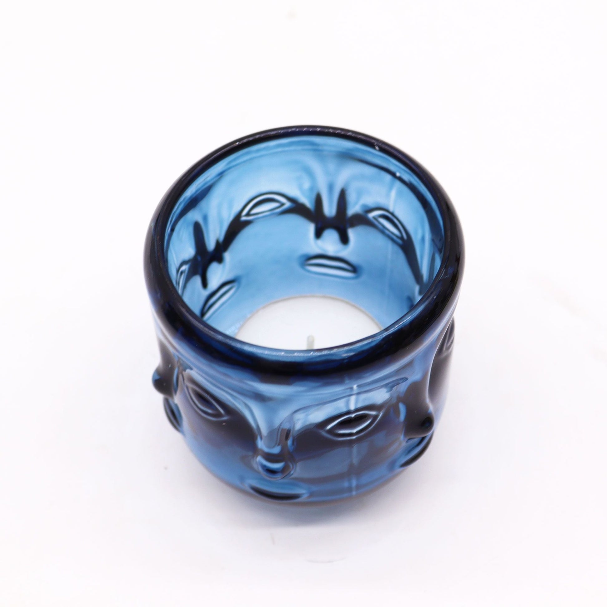 Royal Blue Buddha Faces Candle Jars – Set of 2 pressed glass candle jar with Buddha face design in royal blue, top view