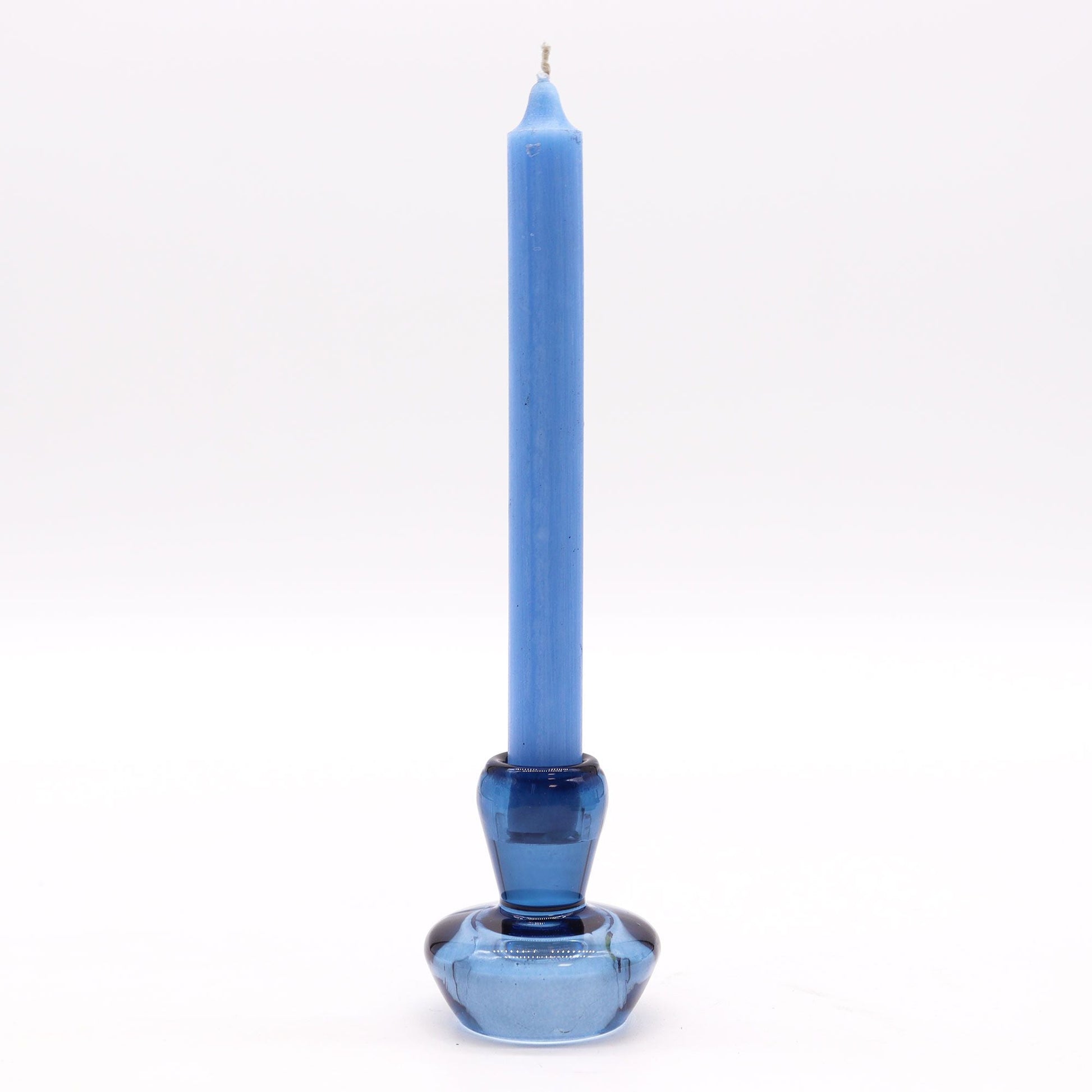 Pressed Glass Candle Holders – 6.2x7 CM Royal Blue with blue taper candle, pressed glass holder on white background