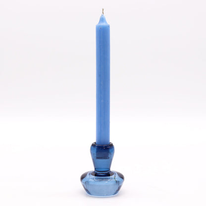 Pressed Glass Candle Holders – 6.2x7 CM Royal Blue with blue taper candle, pressed glass holder on white background