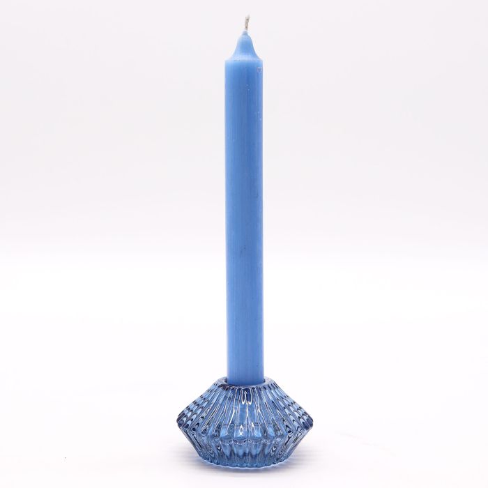 Alt Tag: Royal Blue Glass Candle Holders – Set of 2 pressed glass holder with blue dinner candle, ribbed base on white background