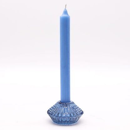 Alt Tag: Royal Blue Glass Candle Holders – Set of 2 pressed glass holder with blue dinner candle, ribbed base on white background