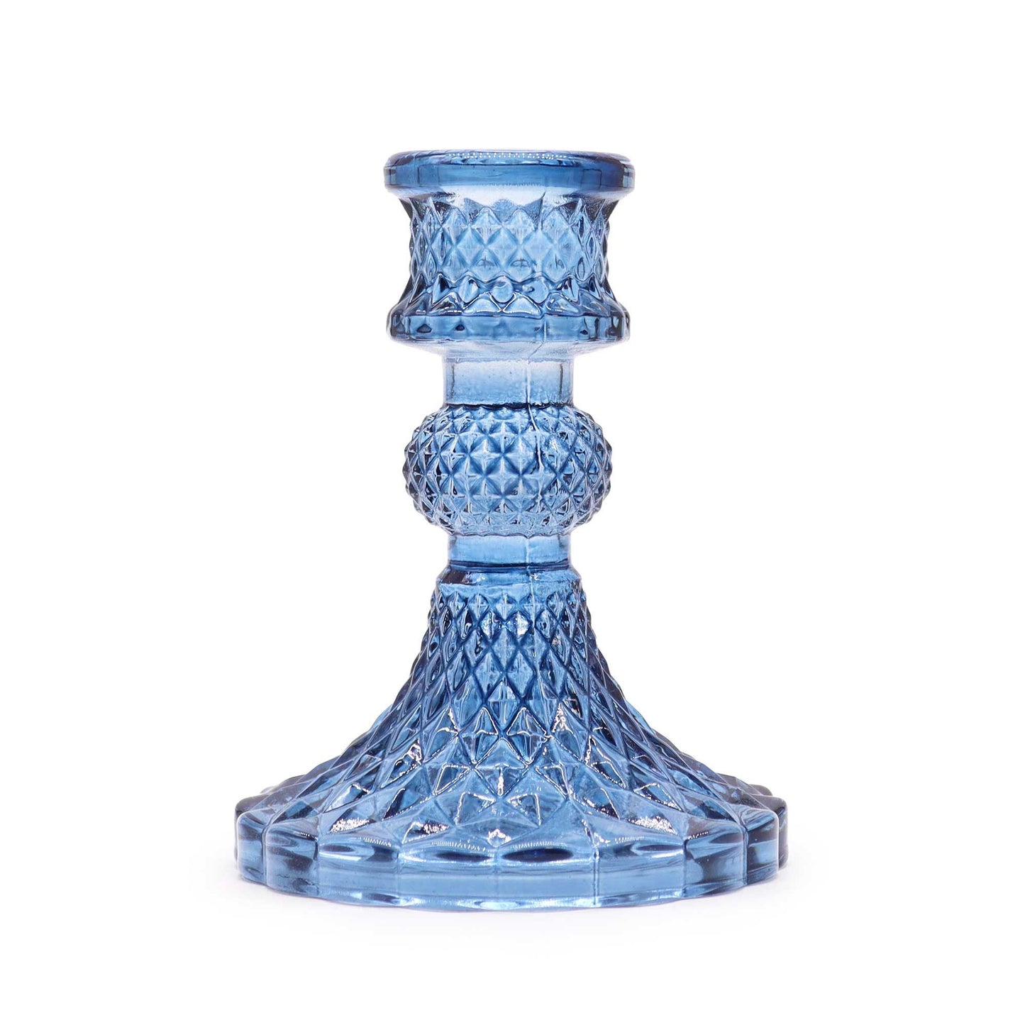 Royal Blue Pressed Glass Candle Holders – Set of 2, single pressed glass dinner candle holder in royal blue with textured base