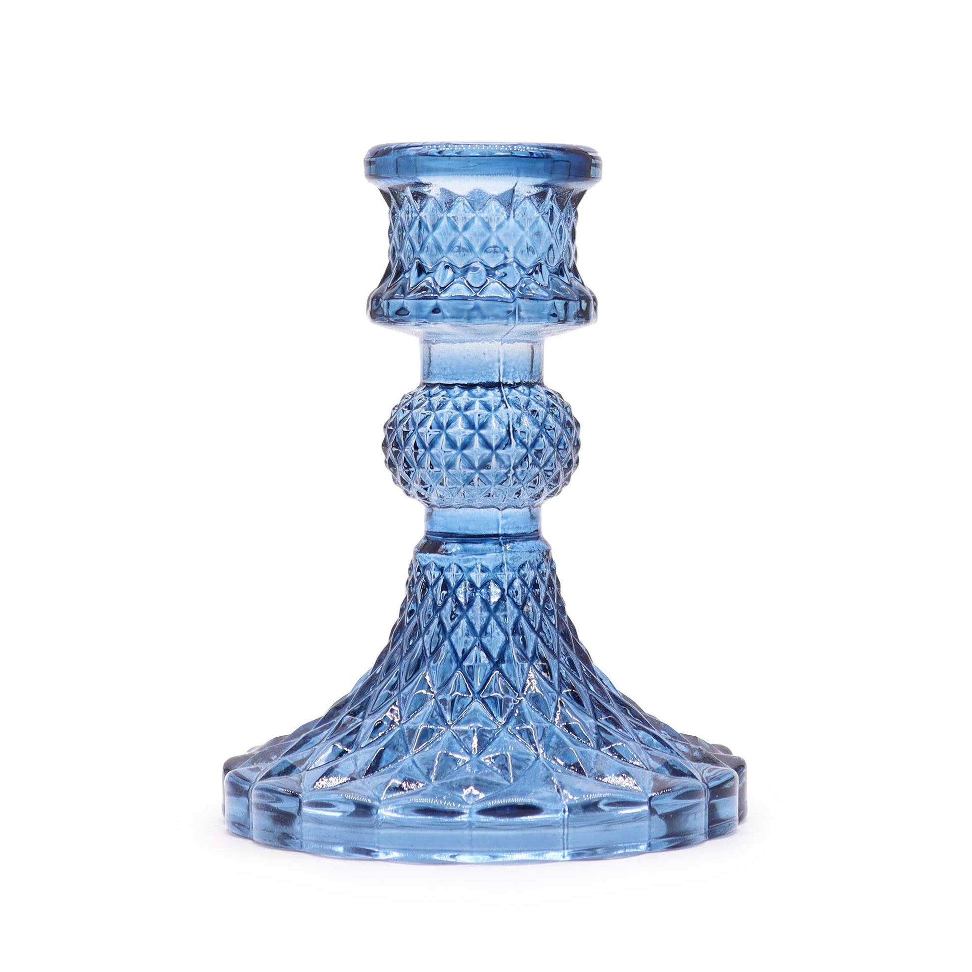 Royal Blue Pressed Glass Candle Holders – Set of 2, single pressed glass dinner candle holder in royal blue with textured base