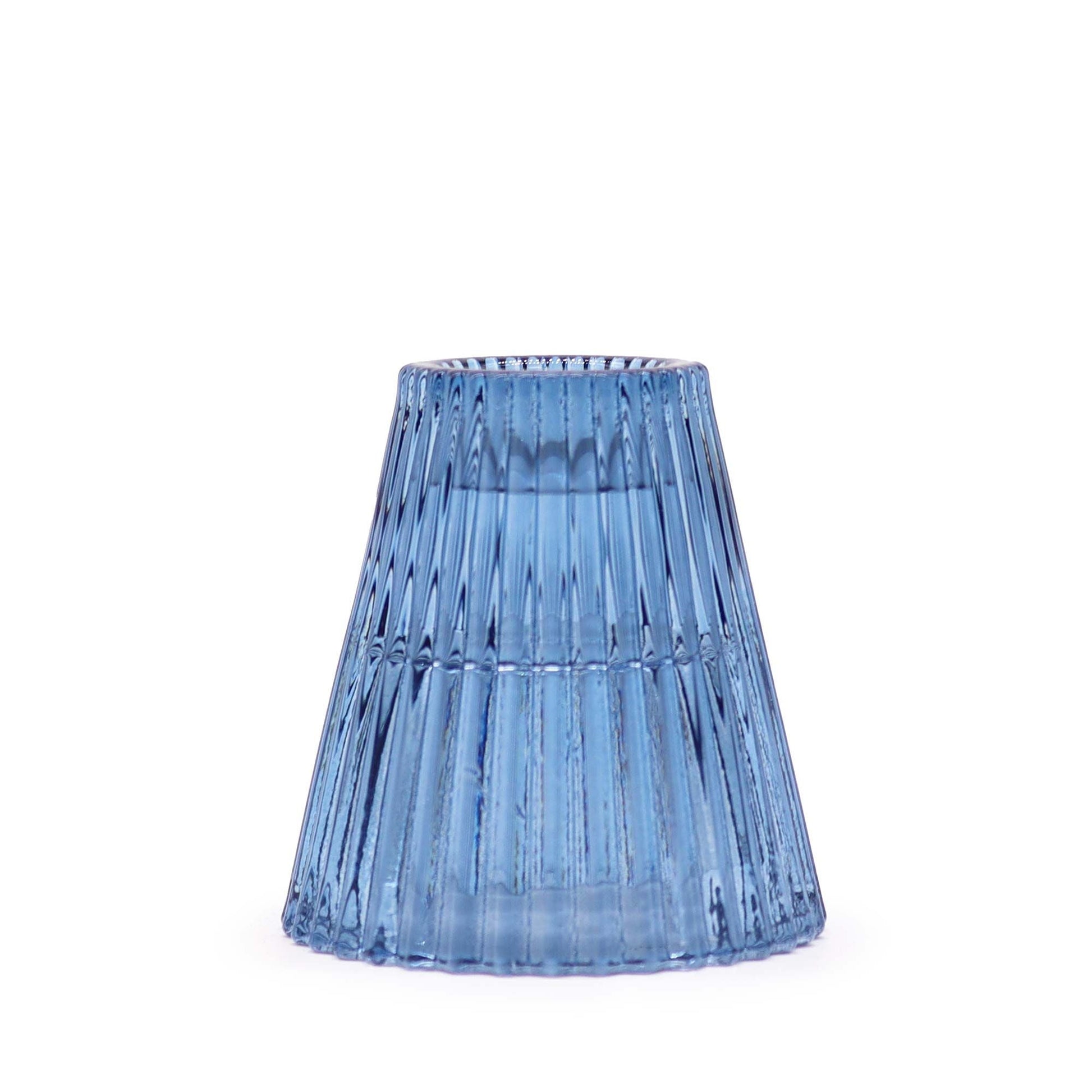 Royal Blue Glass Candle Holders – Set of 2, pressed glass candle holder in royal blue with ribbed design, single piece shown