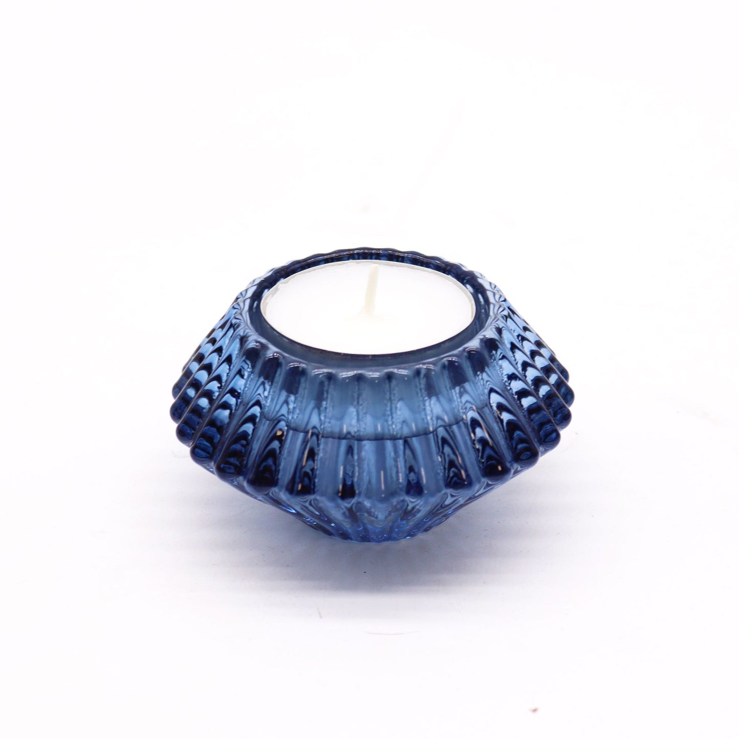 Royal Blue Glass Candle Holders – Set of 2 pressed glass tealight candle holder in royal blue, ribbed design, 7x4 cm
