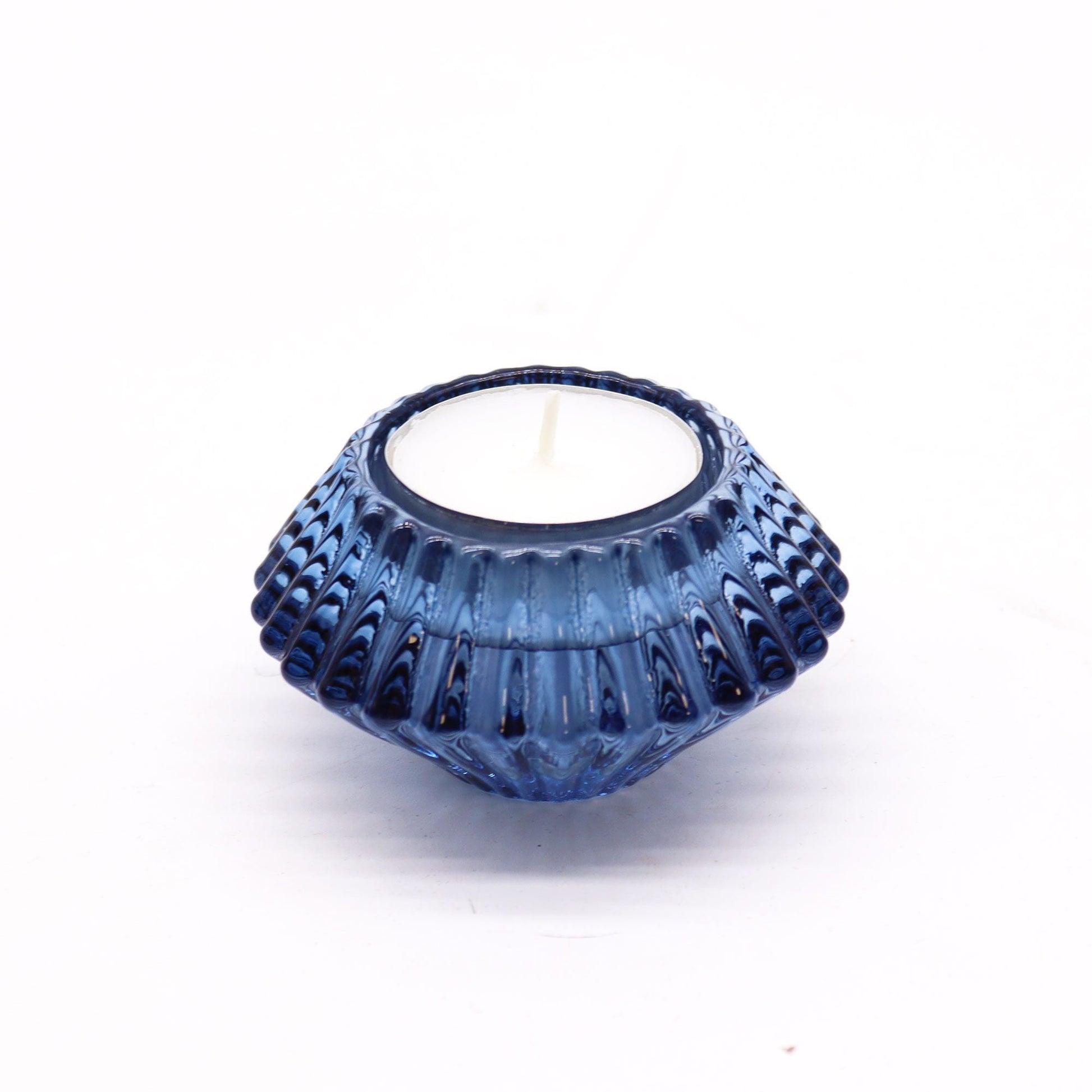 Royal Blue Glass Candle Holders – Set of 2 pressed glass tealight candle holder in royal blue, ribbed design, 7x4 cm