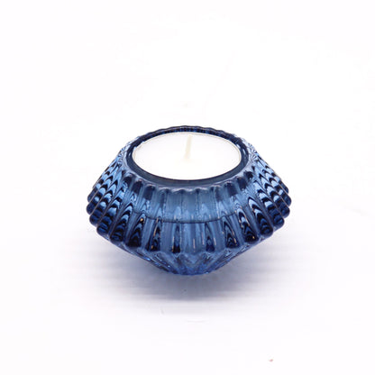 Royal Blue Glass Candle Holders – Set of 2 pressed glass tealight candle holder in royal blue, ribbed design, 7x4 cm