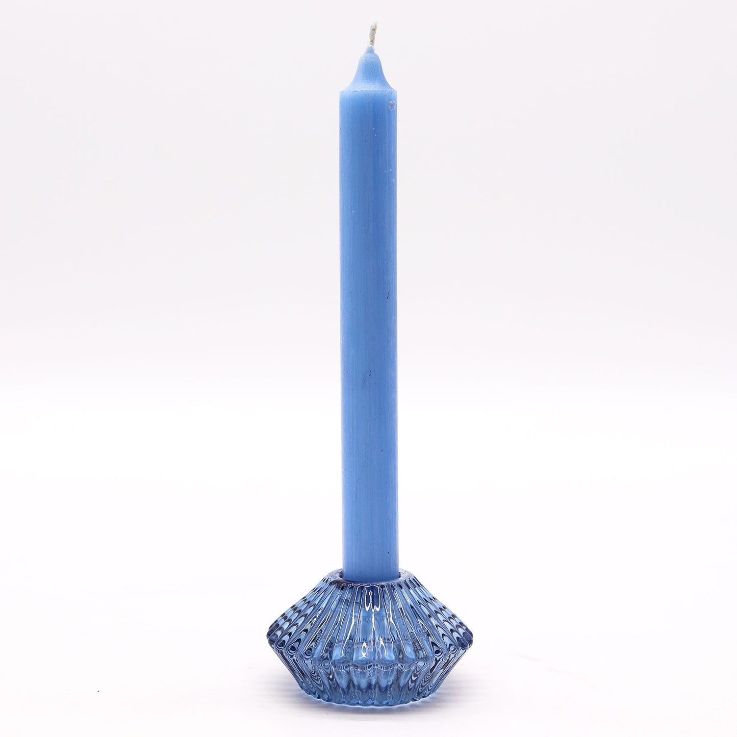 Royal Blue Glass Candle Holders – Set of 2 with blue pressed glass holder and tall dinner candle, 7x4 cm