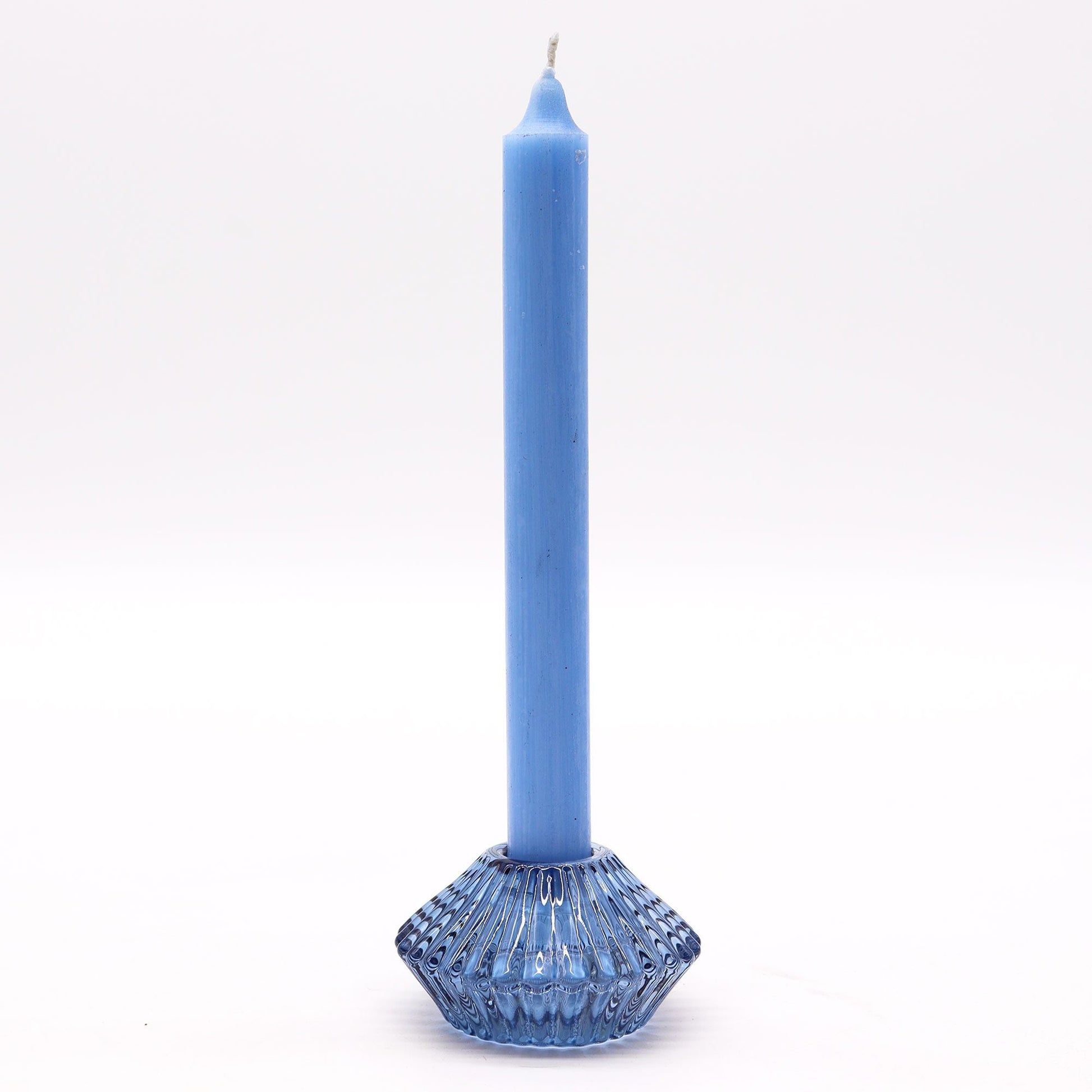 Royal Blue Glass Candle Holders – Set of 2 with blue pressed glass holder and tall dinner candle, 7x4 cm