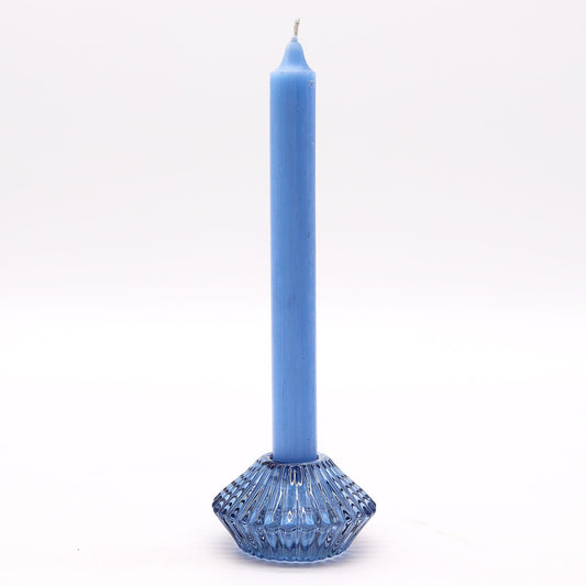 Royal Blue Glass Candle Holders – Set of 2 with blue pressed glass holder and tall dinner candle, 7x4 cm