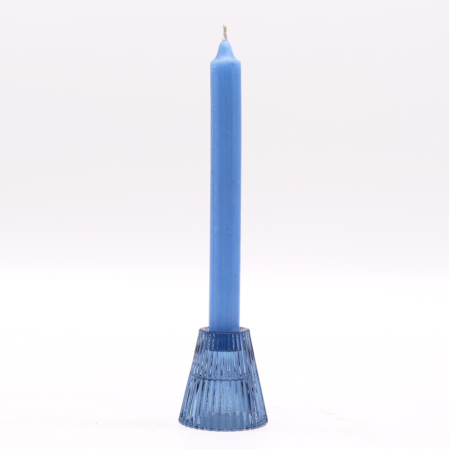 Royal Blue Glass Candle Holders – Set of 2, pressed glass candle holder with blue taper candle, ribbed design, studio white background