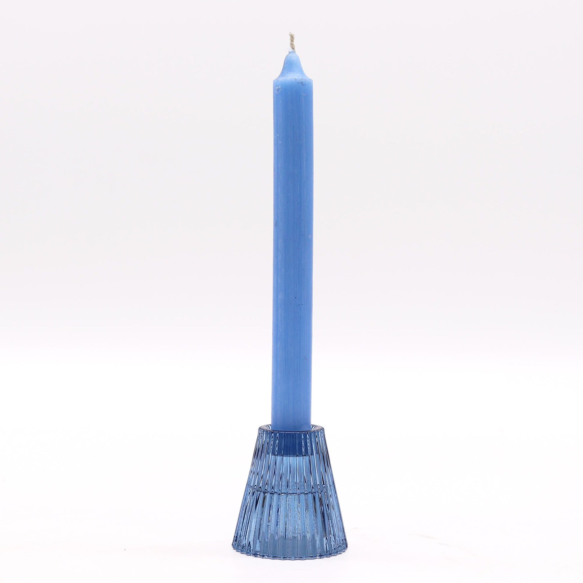 Royal Blue Glass Candle Holders – Set of 2, pressed glass candle holder with blue taper candle, ribbed design, studio white background