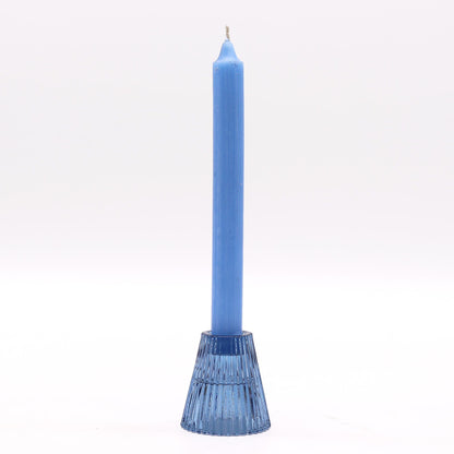 Royal Blue Glass Candle Holders – Set of 2, pressed glass candle holder with blue taper candle, ribbed design, studio white background