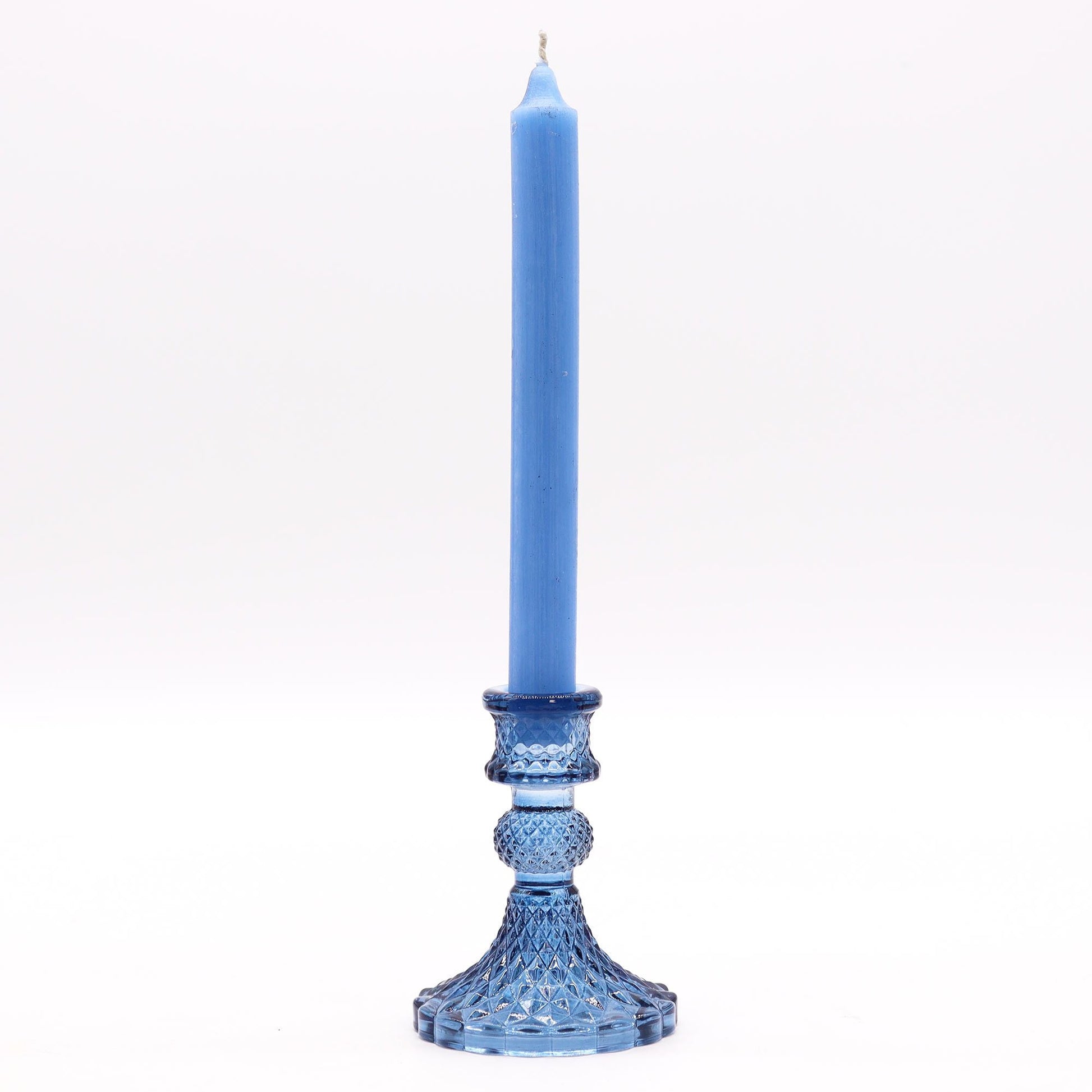 Royal Blue Pressed Glass Candle Holders – Set of 2 with tall blue taper candle, pressed glass base, 10x8 cm