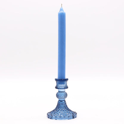 Royal Blue Pressed Glass Candle Holders – Set of 2 with tall blue taper candle, pressed glass base, 10x8 cm