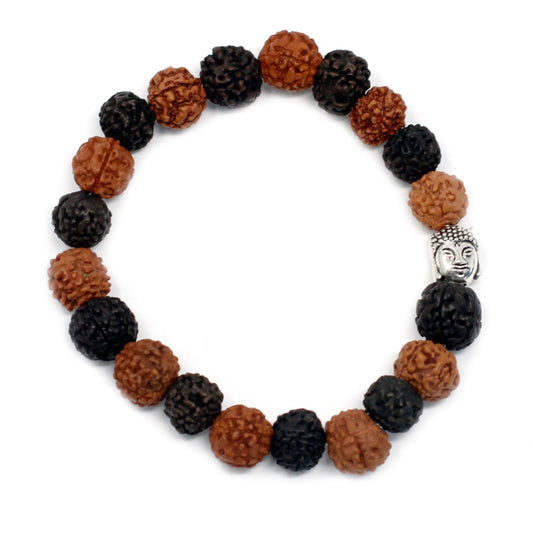 Alt Tag: Rudraksha Buddha Bangle Mala – Mix Beads bracelet with natural wood rudraksha beads in black and brown, Buddha charm