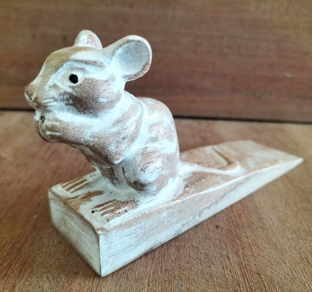 Rustic Wood Hand Carved Doorstop – Doormouse, hand-carved wooden mouse doorstop decor on rustic wood surface