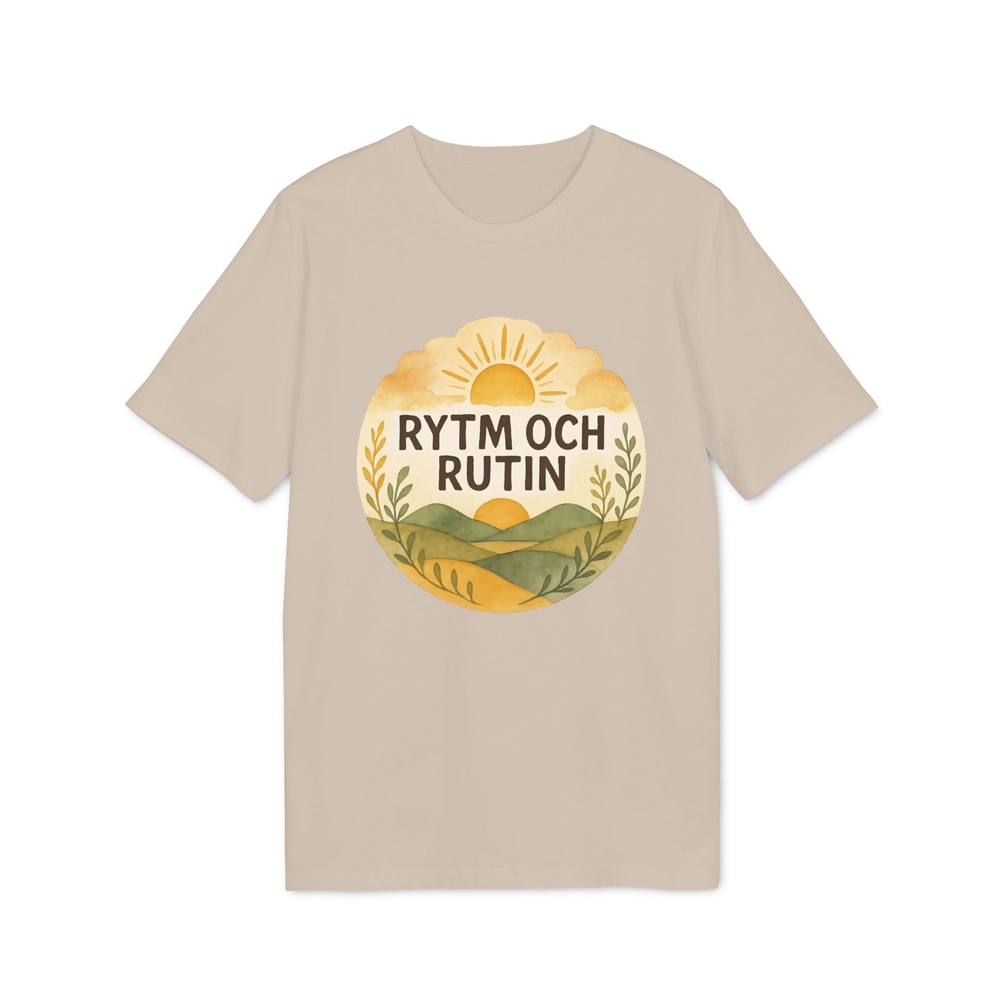 Alt Tag: Rytm Rutin Bomulls Premium Unisex T-Shirt beige cotton tee with "RYTM OCH RUTIN" sunrise landscape graphic