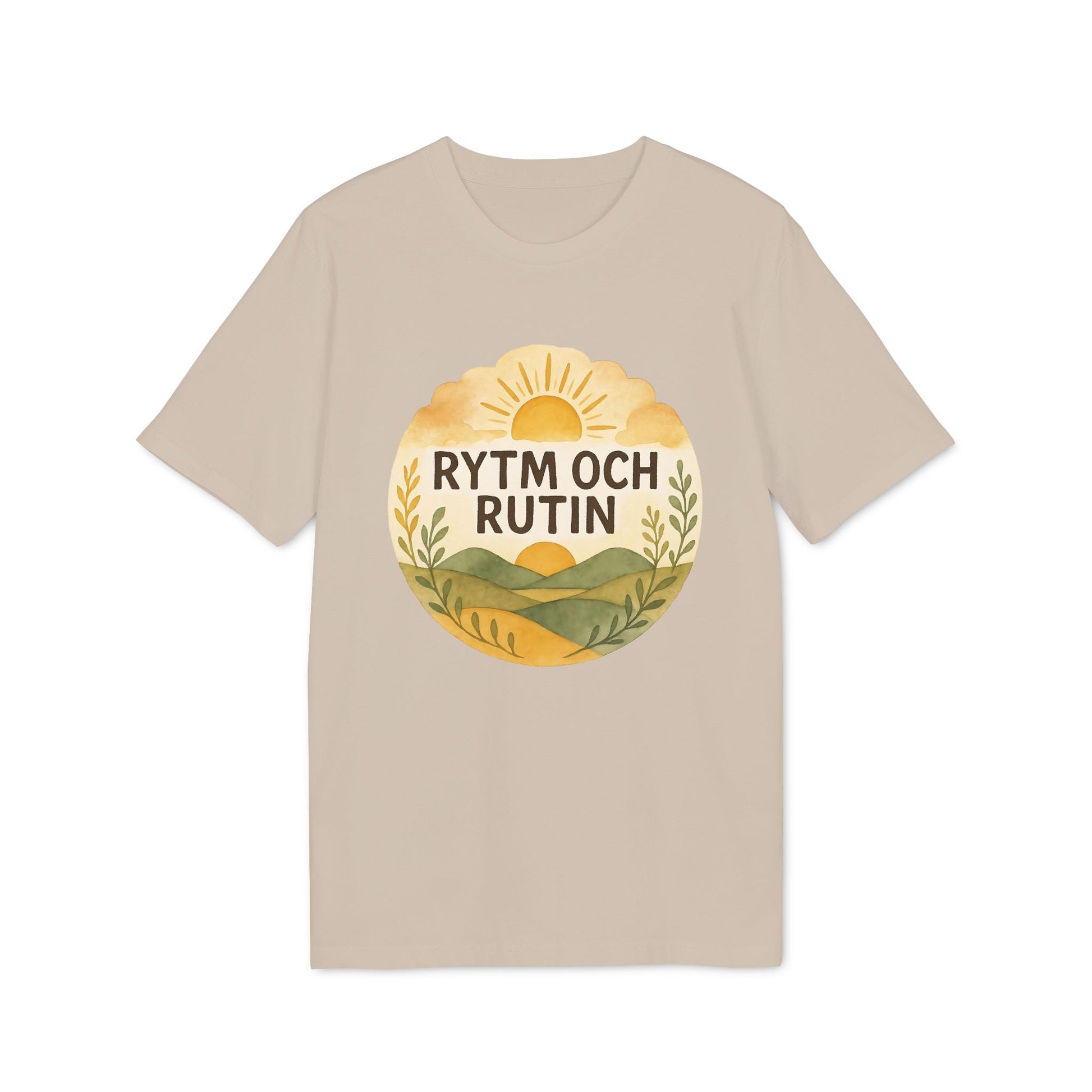 Alt Tag: Rytm Rutin Bomulls Premium Unisex T-Shirt beige cotton tee with "RYTM OCH RUTIN" sunrise landscape graphic