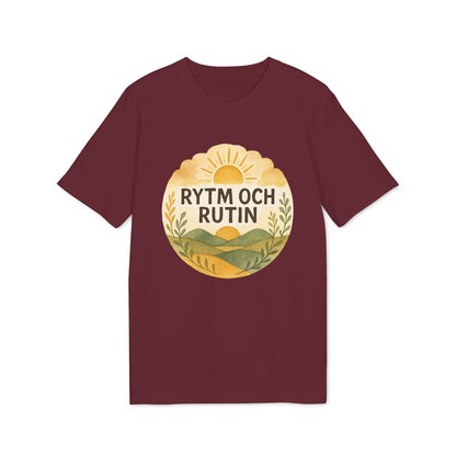 Alt Tag: Rytm Rutin Bomulls Premium Unisex T-Shirt burgundy cotton tee with “RYTM OCH RUTIN” sunrise landscape graphic print