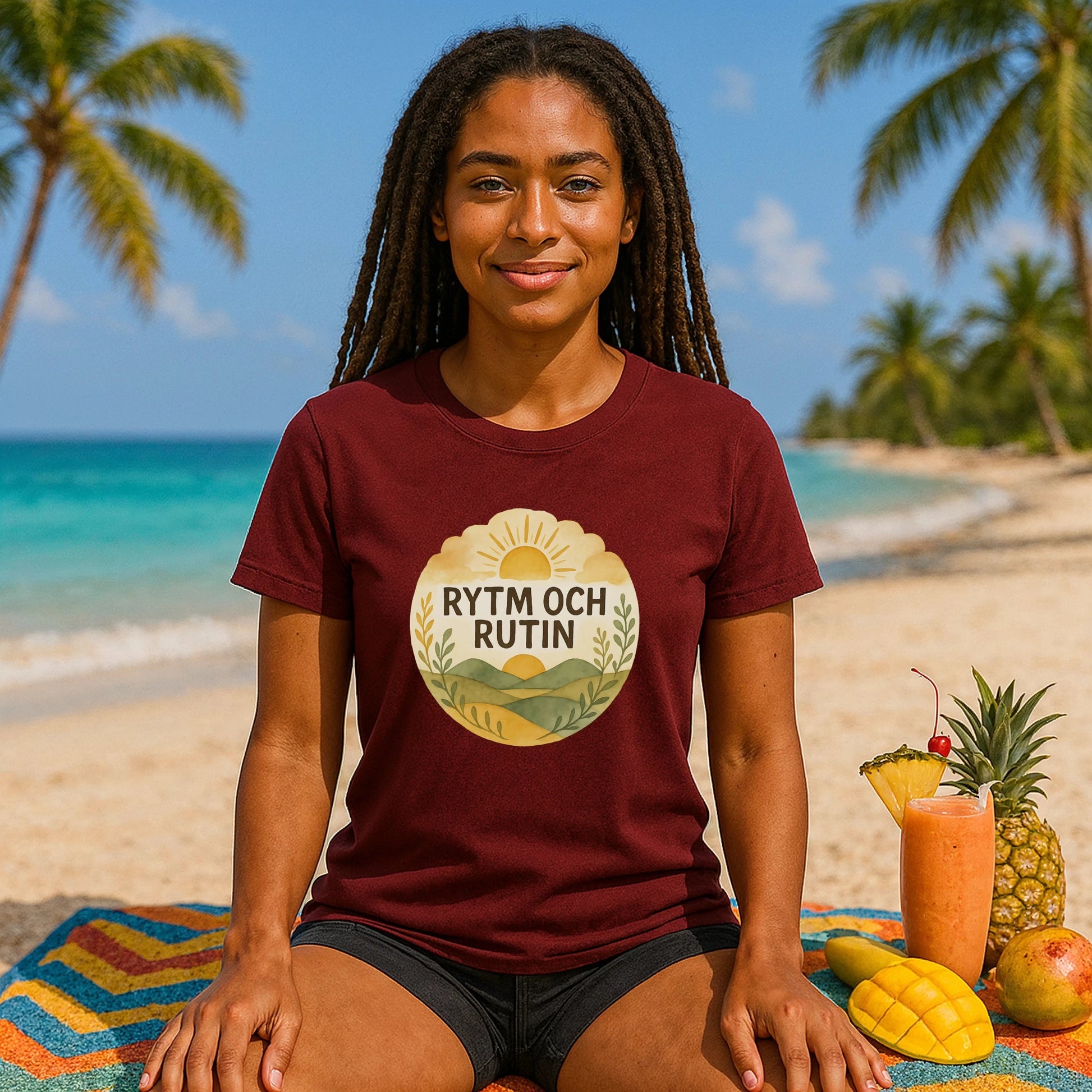 Rytm Rutin Bomulls Premium Unisex T-Shirt burgundy graphic tee worn by woman on tropical beach with palm trees