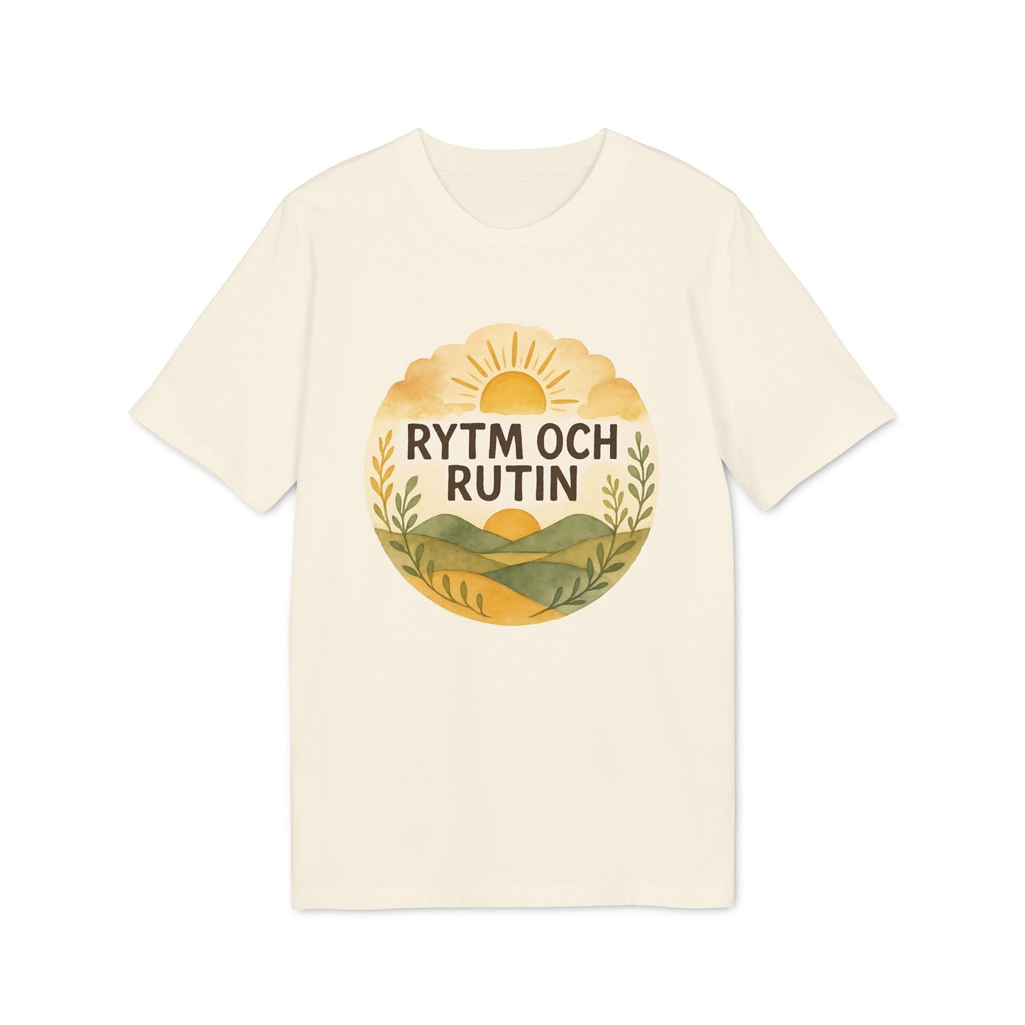 Alt Tag: Rytm Rutin Bomulls Premium Unisex T-Shirt beige cotton tee with “RYTM OCH RUTIN” sunrise landscape graphic