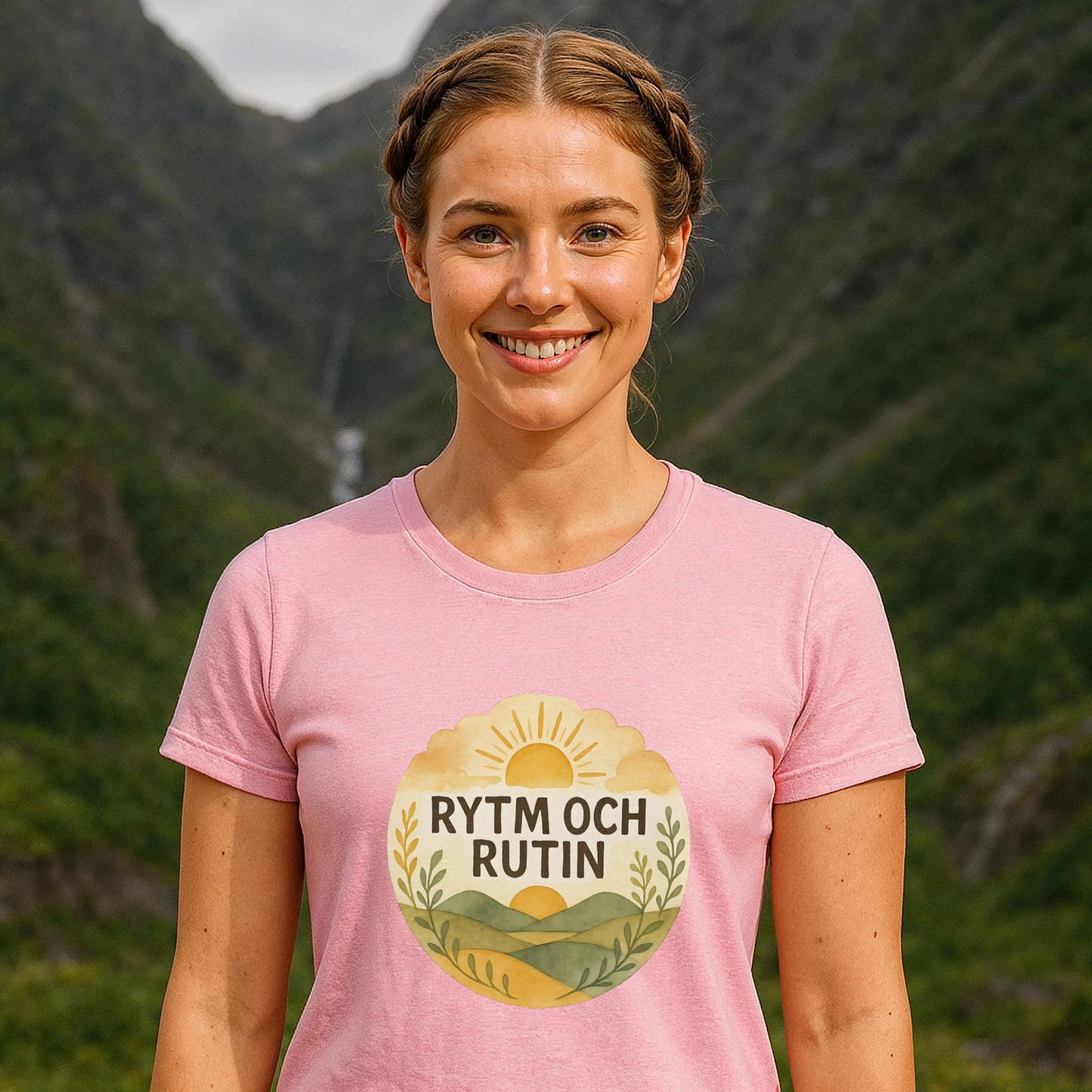 Alt Tag: Rytm Rutin Bomulls Premium Unisex T-Shirt rosa med "RYTM OCH RUTIN"-tryck, modell utomhus framför bergslandskap