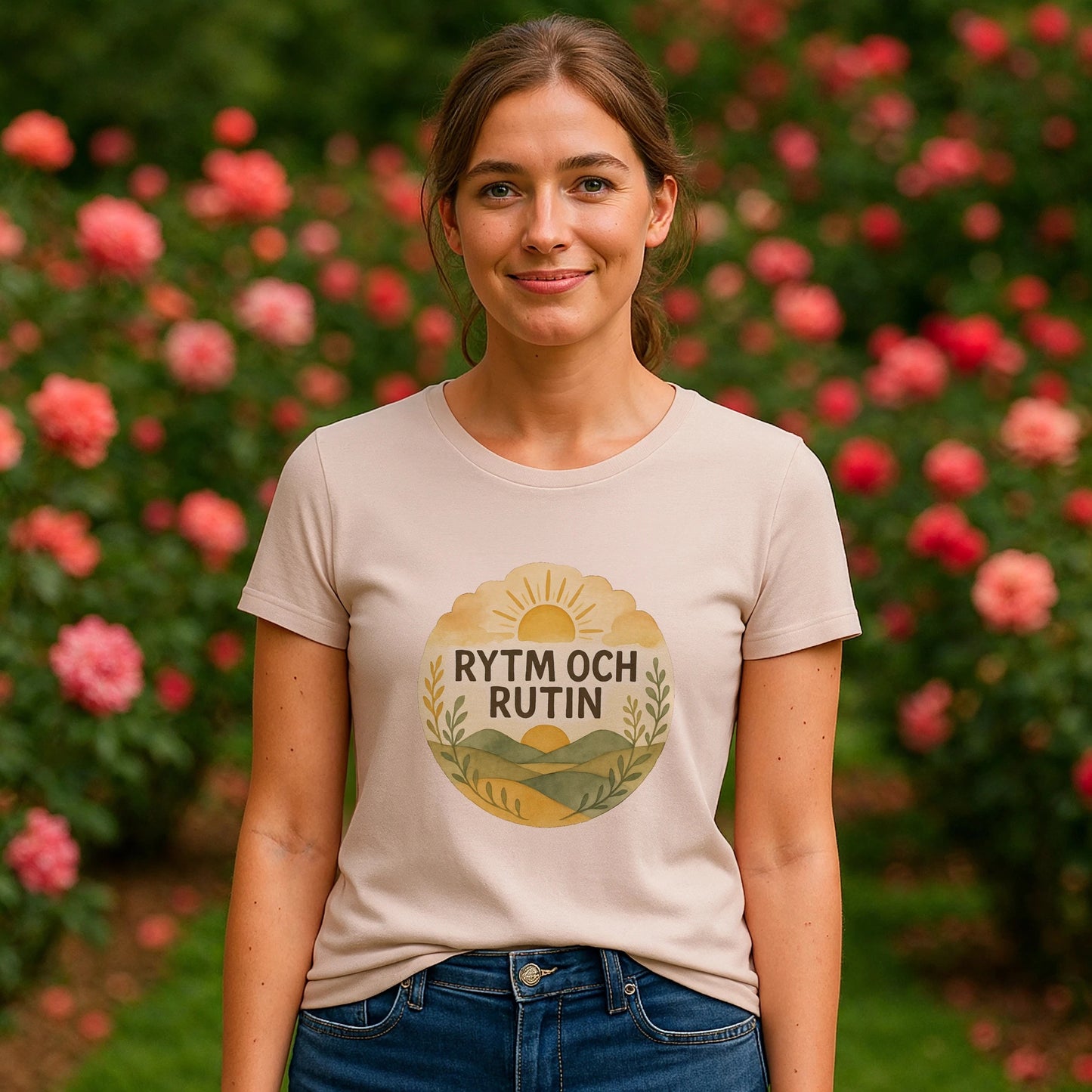 Alt Tag: Rytm Rutin Bomulls Premium Unisex T-Shirt med "RYTM OCH RUTIN"-tryck, modell bär ljus t-shirt utomhus