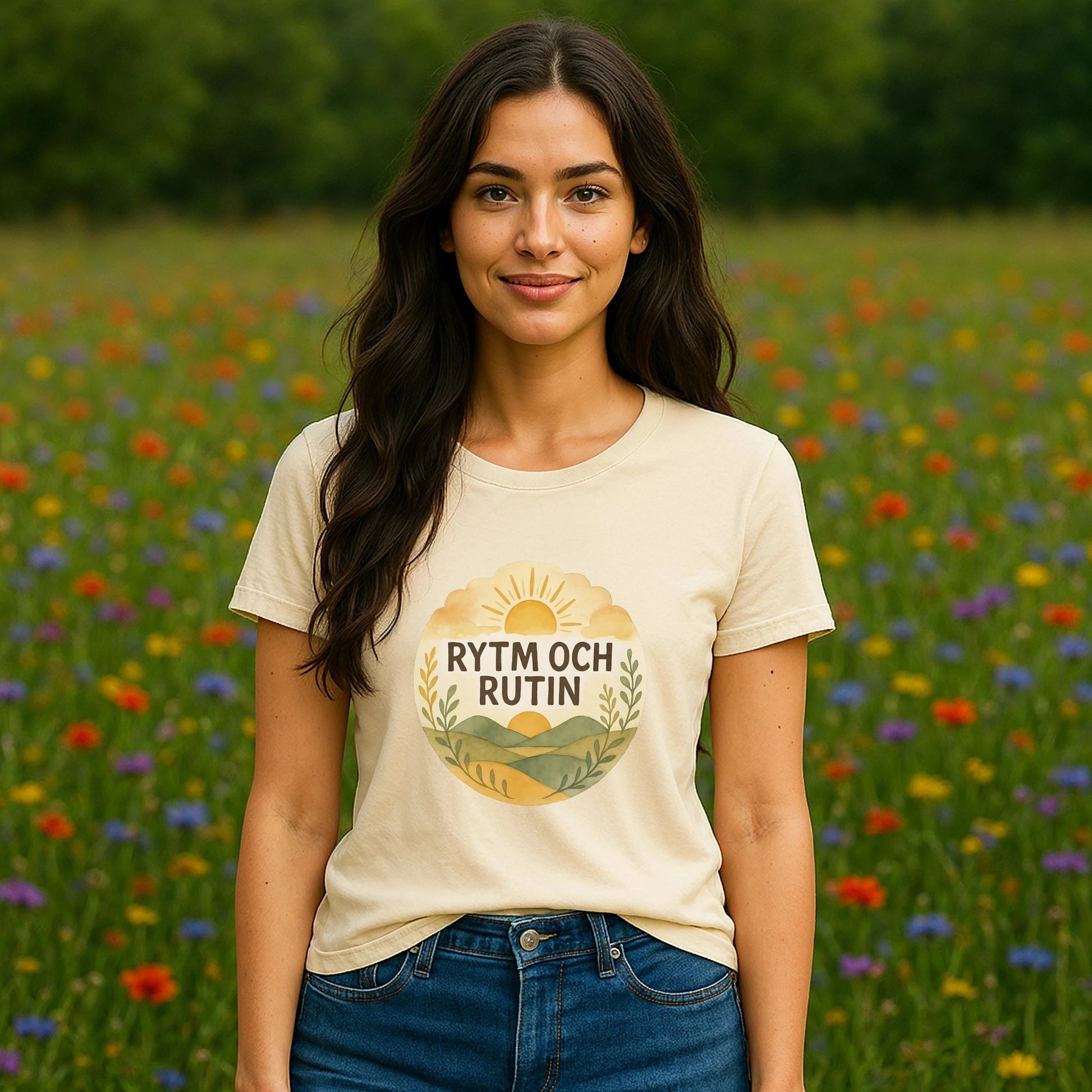 Alt Tag: Model wearing Rytm Rutin Bomulls Premium Unisex T-Shirt cream cotton tee with RYTM OCH RUTIN graphic, outdoors in flower field