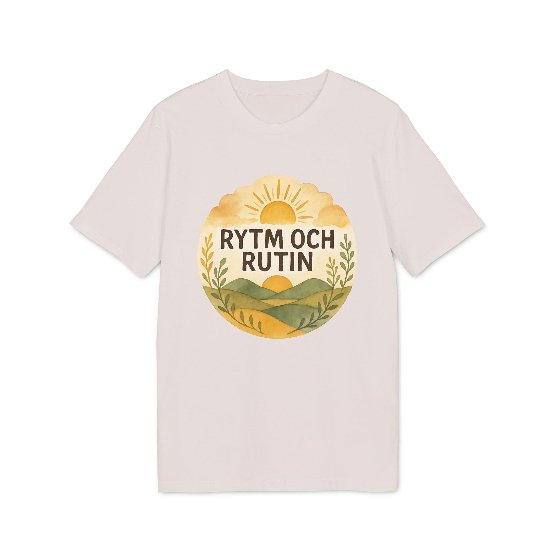 Rytm Rutin Bomulls Premium Unisex T-Shirt in light beige with “RYTM OCH RUTIN” sun and landscape graphic print