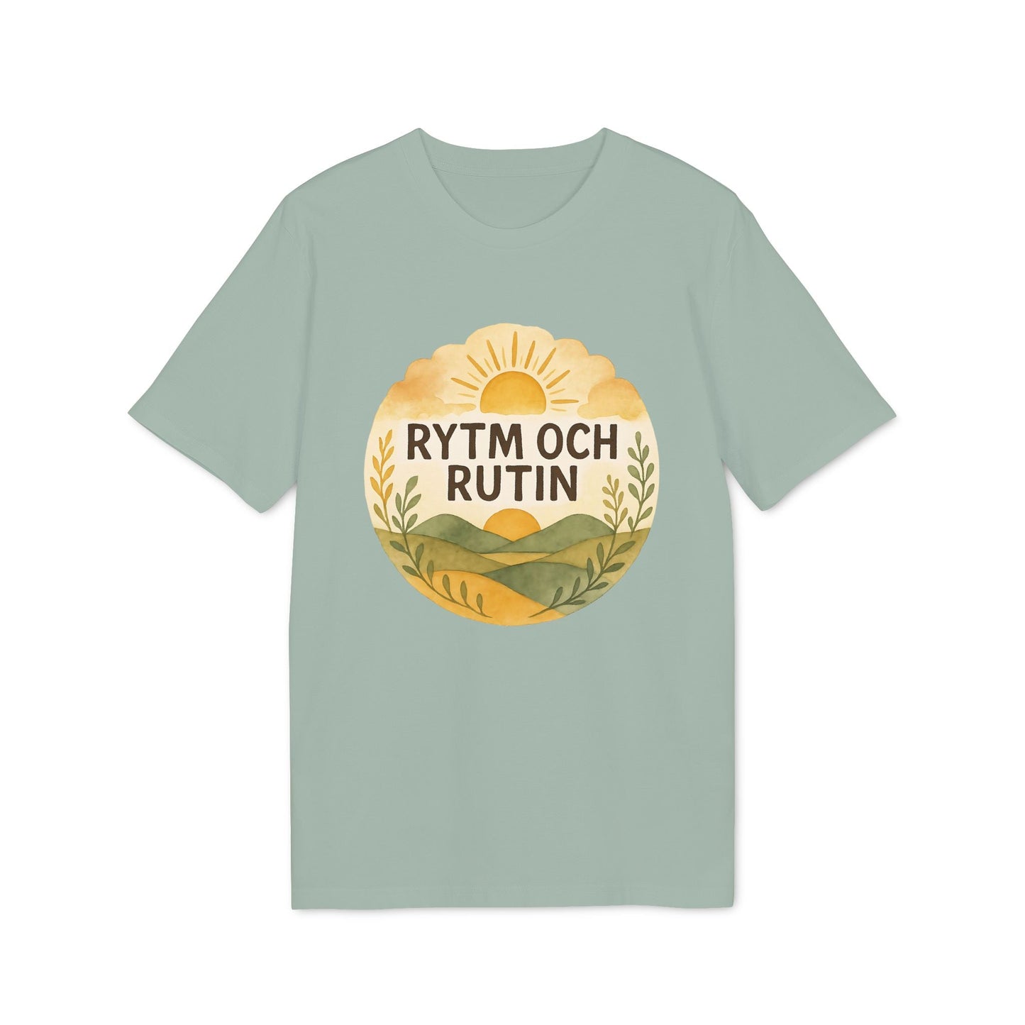 Alt Tag: Rytm Rutin Bomulls Premium Unisex T-Shirt in sage green with "Rytm Och Rutin" sunrise landscape graphic print