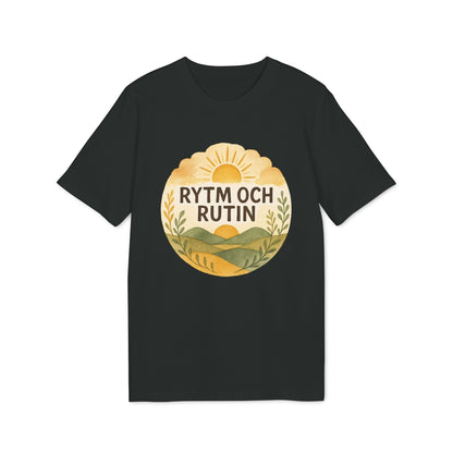 Alt Tag: Rytm Rutin Bomulls Premium Unisex T-Shirt negra con gráfico circular de sol y colinas y texto "RYTM OCH RUTIN"