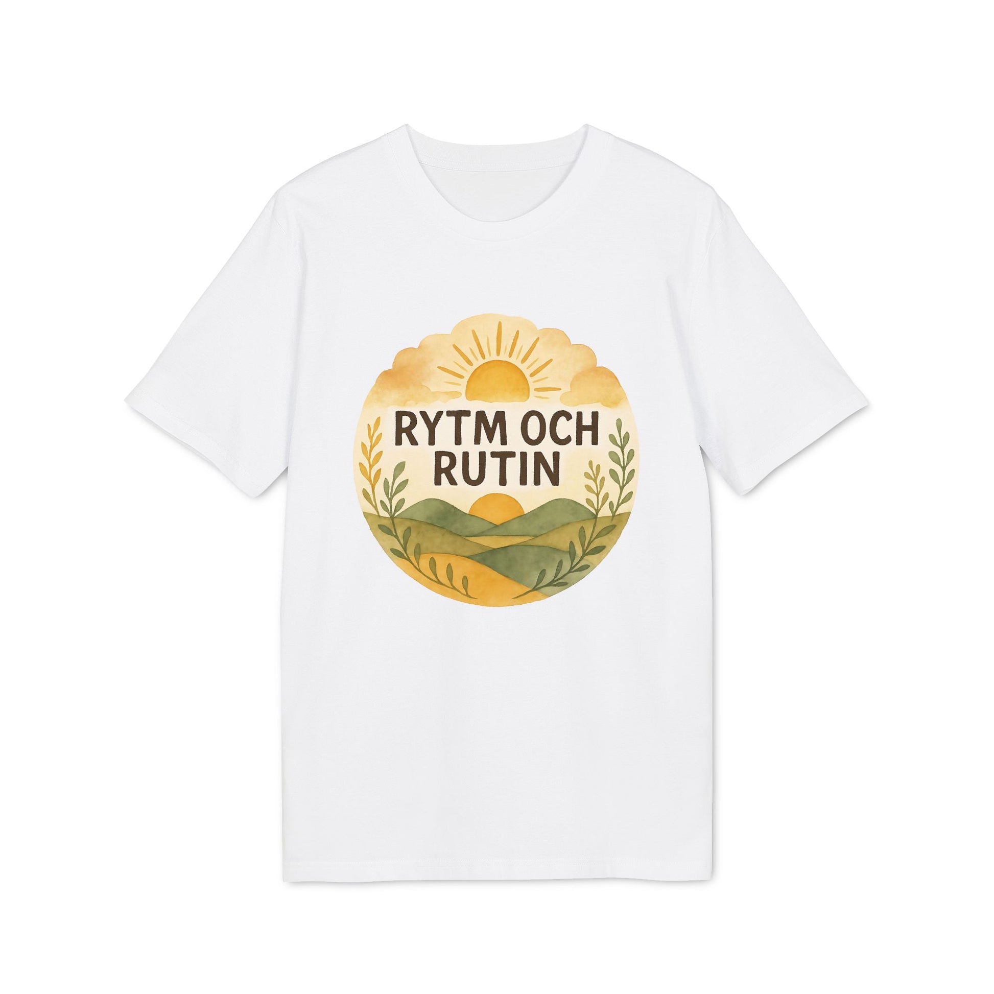 Alt Tag: Rytm Rutin Bomulls Premium Unisex T-Shirt white cotton tee with "Rytm och Rutin" sunrise landscape graphic