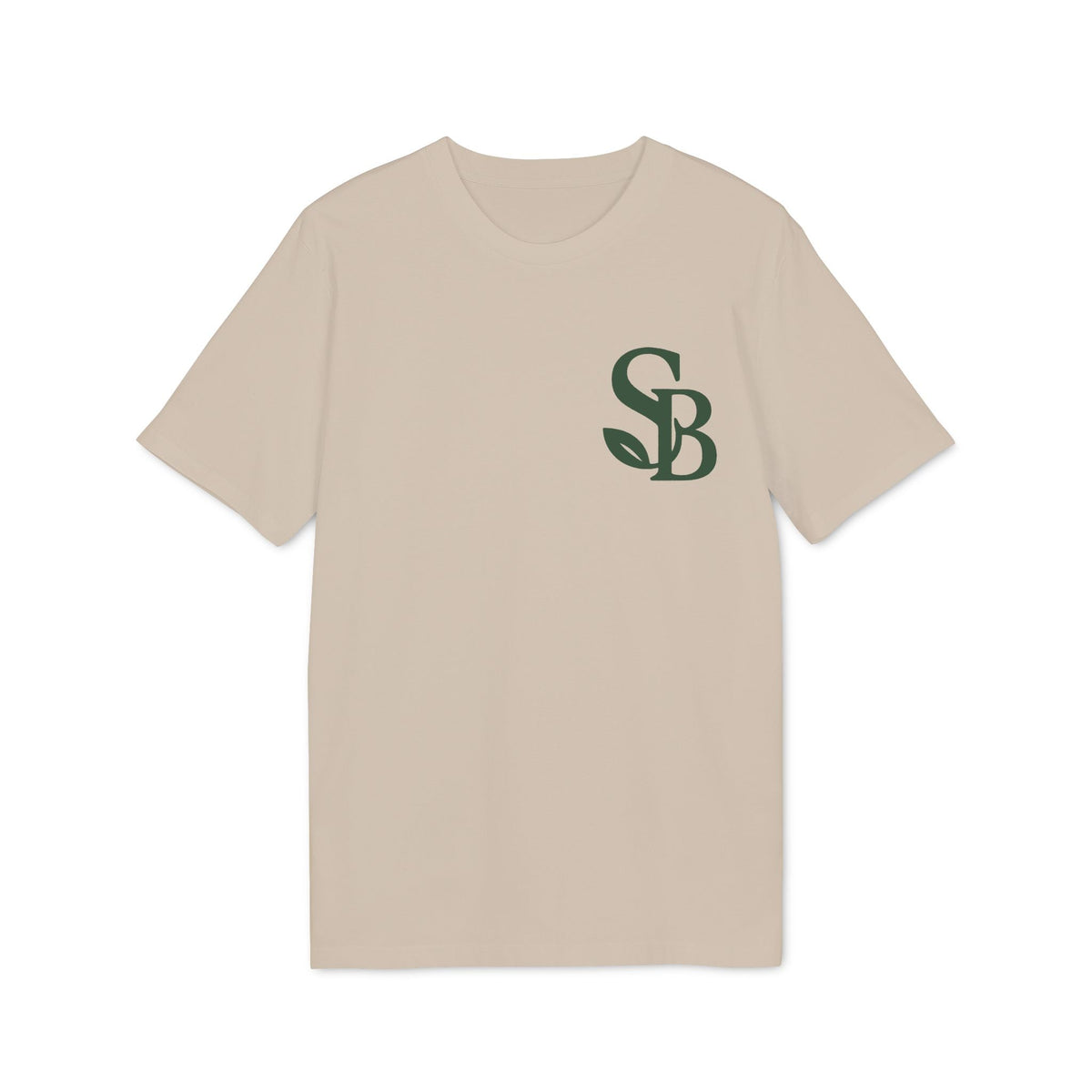 Saga Bliss 100% Organic Cotton T-Shirt beige con logo SB verde en el pecho, manga corta y cuello redondo