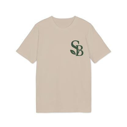 Saga Bliss 100% Organic Cotton T-Shirt beige con logo SB verde en el pecho, manga corta y cuello redondo