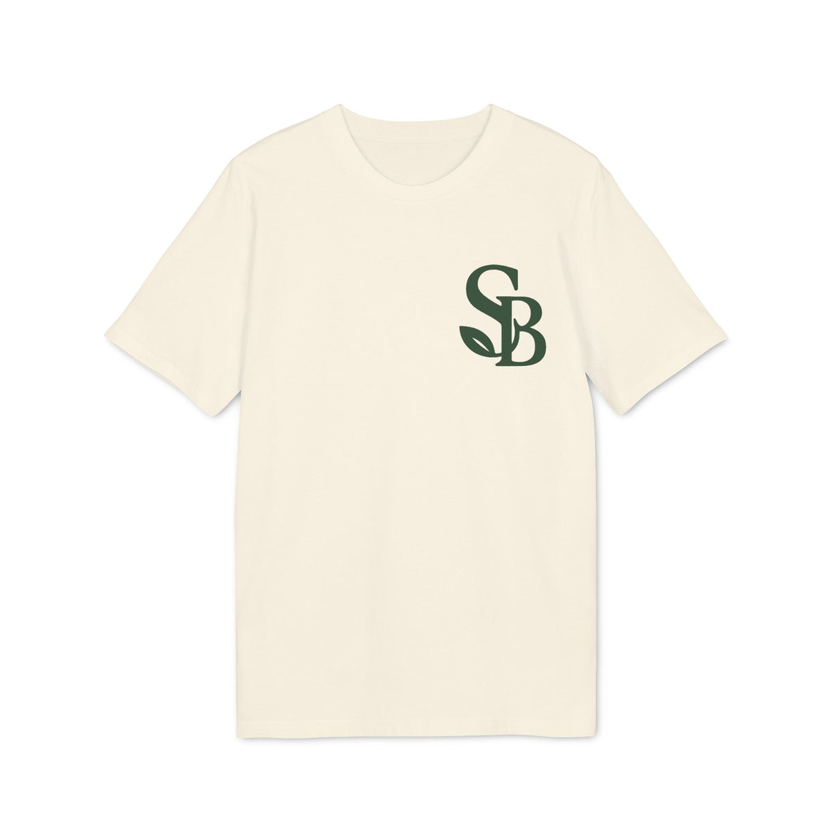 Alt Tag: Saga Bliss 100% Organic Cotton T-Shirt en color crema con logotipo SB verde en el pecho, manga corta y cuello redondo