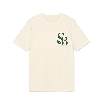 Alt Tag: Saga Bliss 100% Organic Cotton T-Shirt en color crema con logotipo SB verde en el pecho, manga corta y cuello redondo