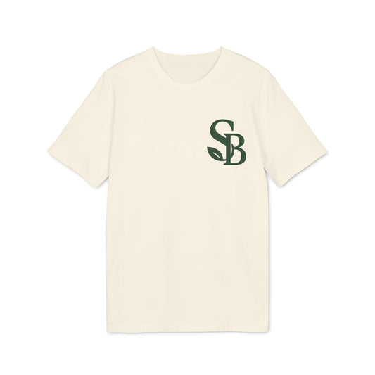 Alt Tag: Saga Bliss 100% Organic Cotton T-Shirt en color crema con logotipo SB verde en el pecho, manga corta y cuello redondo